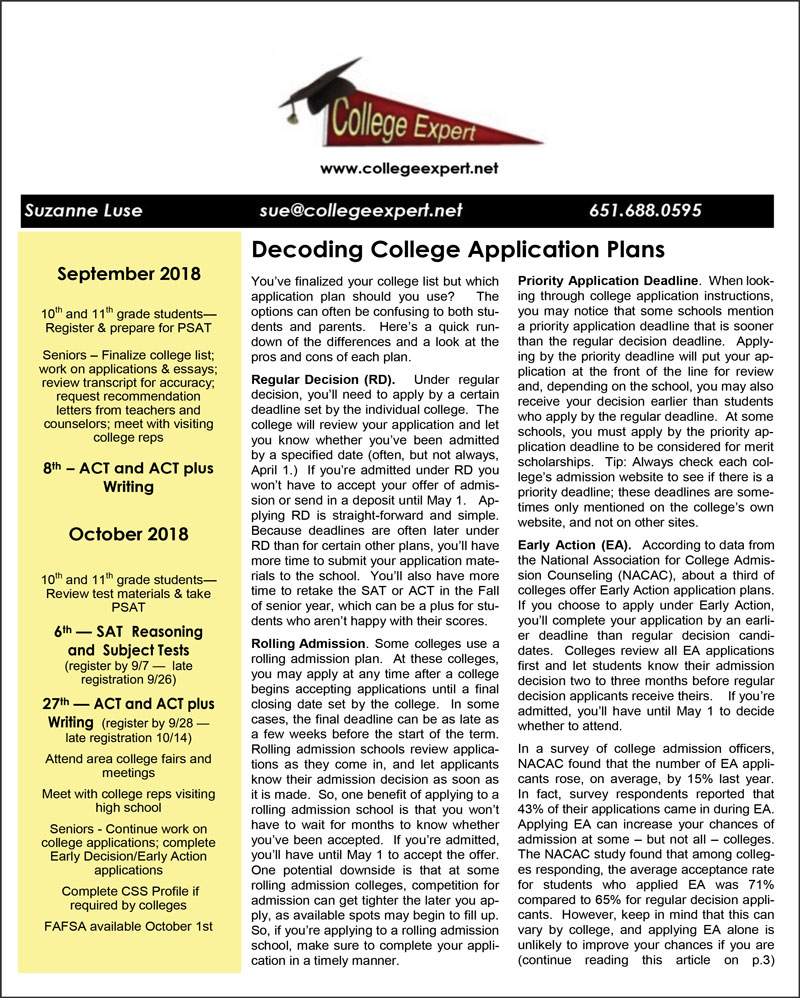 September 2018 College Expert Newsletter
