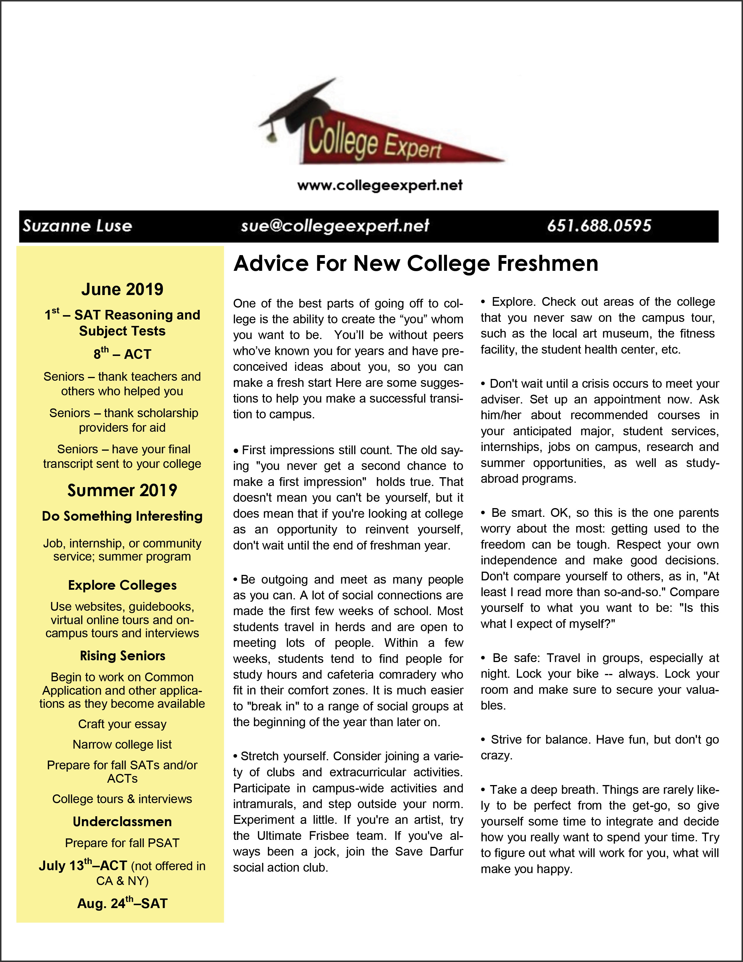 June/Summer 2019 College Expert Newsletter