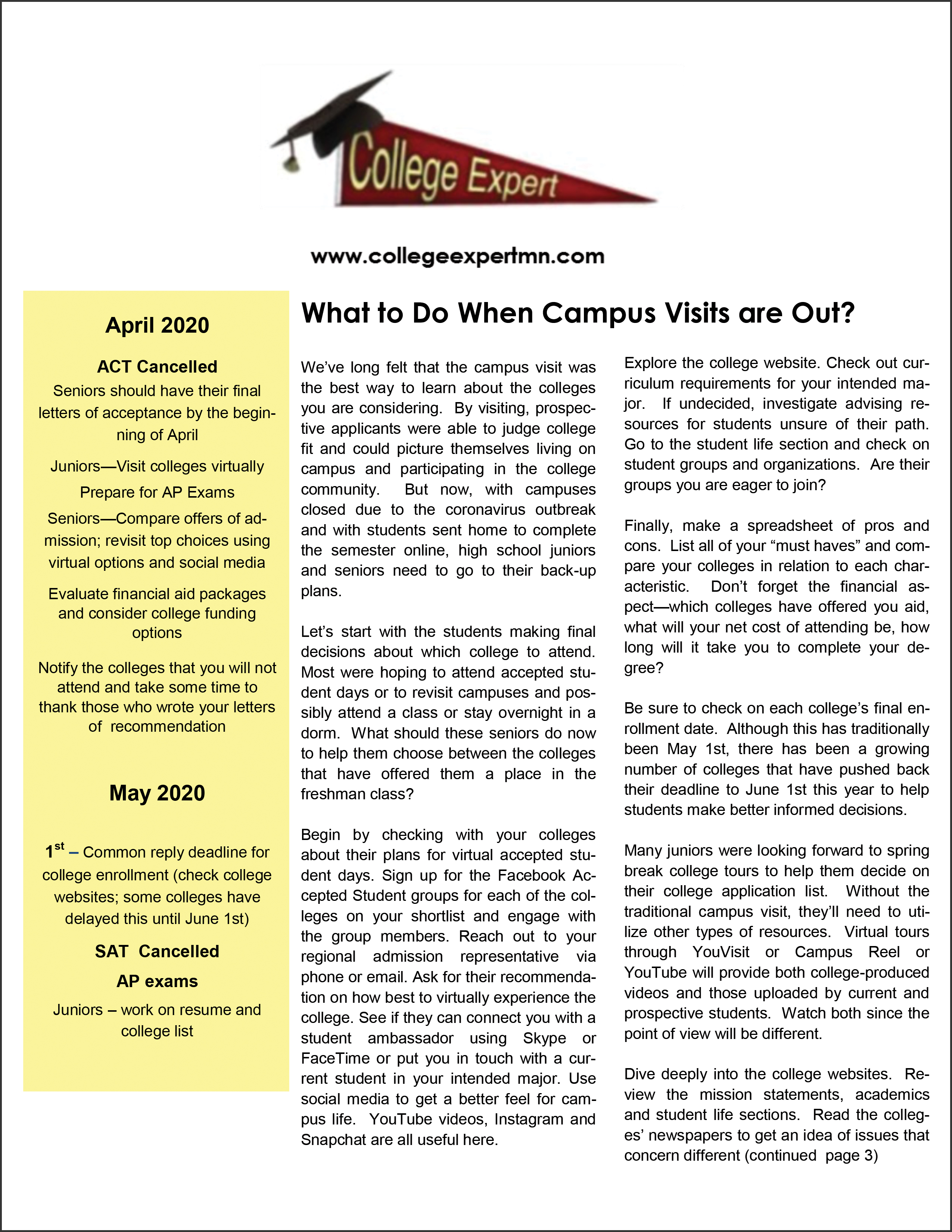April 2020 College Expert Newsletter