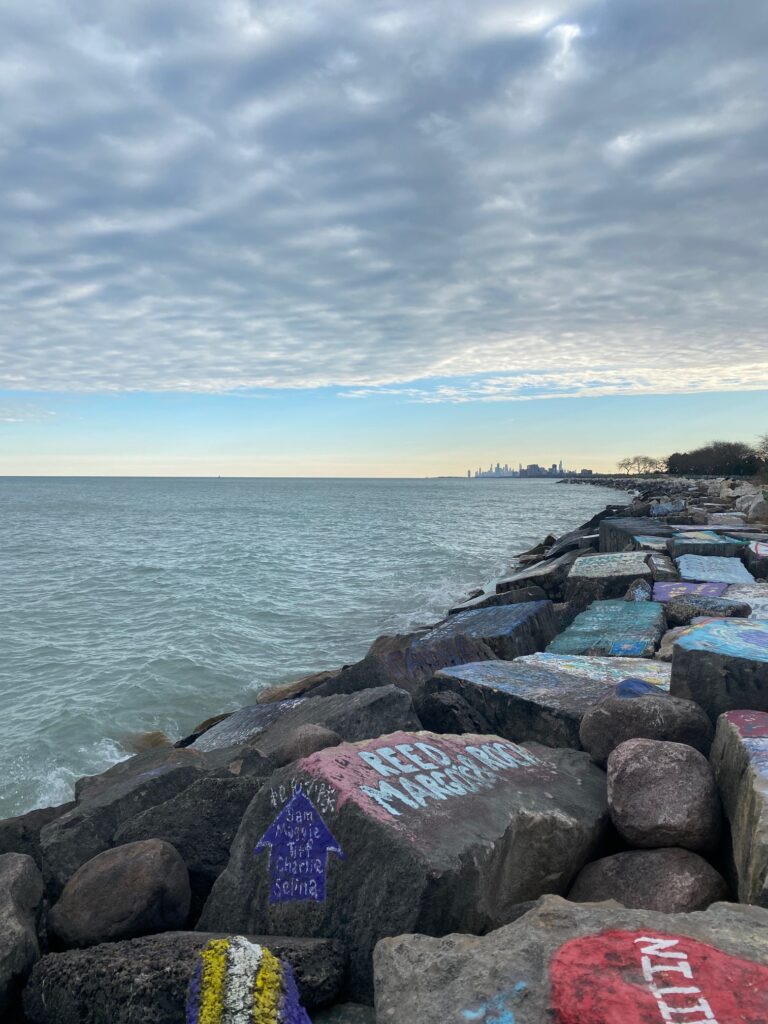 Rocky Lake Michigan shoreline with painted rocks