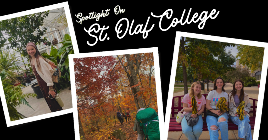 Collage of three photos: girl in greenhouse, four students backpacking in fall, and three girls with black and gold pom-poms sitting on bench