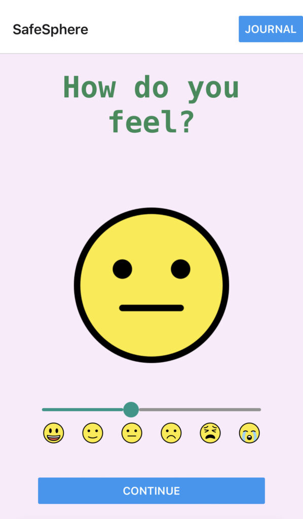 A screenshot of the "how do you feel" screen with emojis to choose from.