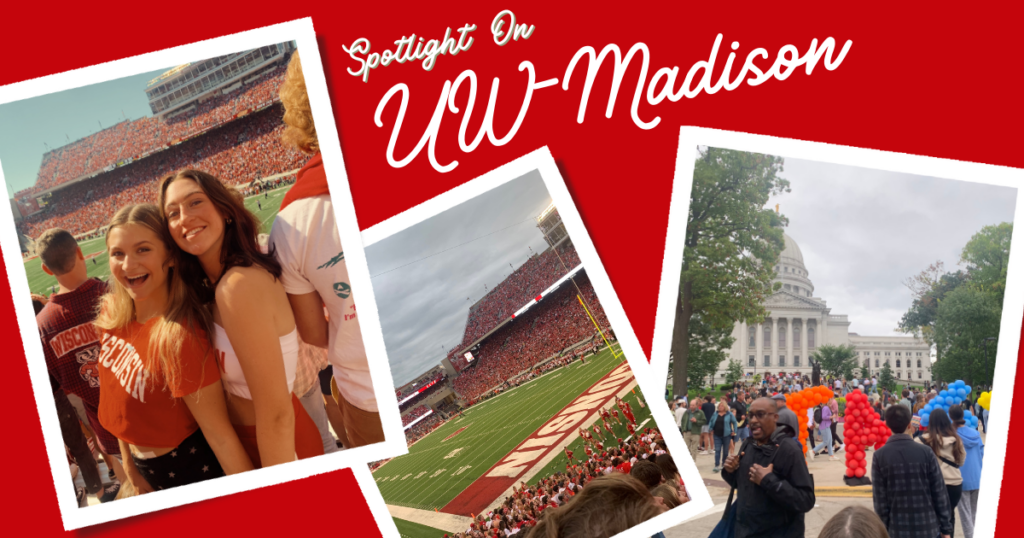 Collage of three photos: two girls smiling in red and white at football game, view of football stadium on game day, group of people gathering at state capitol