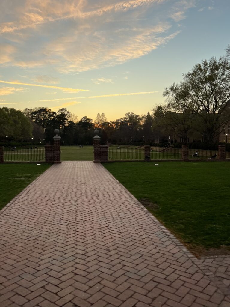A brick pathway and pillars leading to an open tree-lined field at dusk.