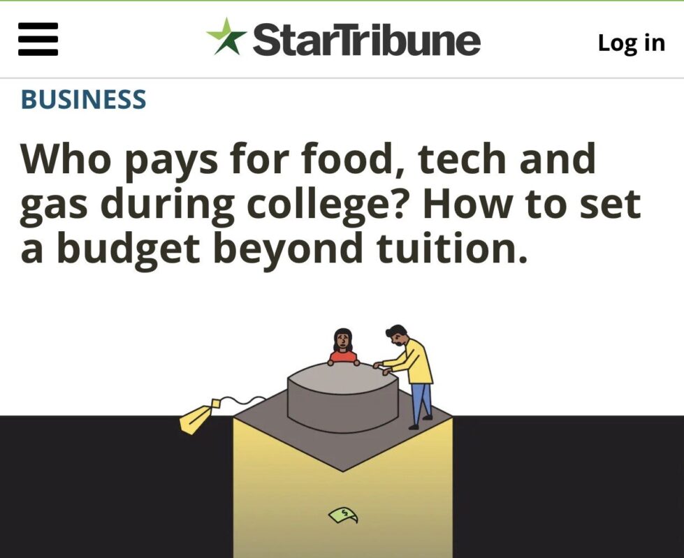 Star Tribune headline and image of dollars flowing out of graduation cap