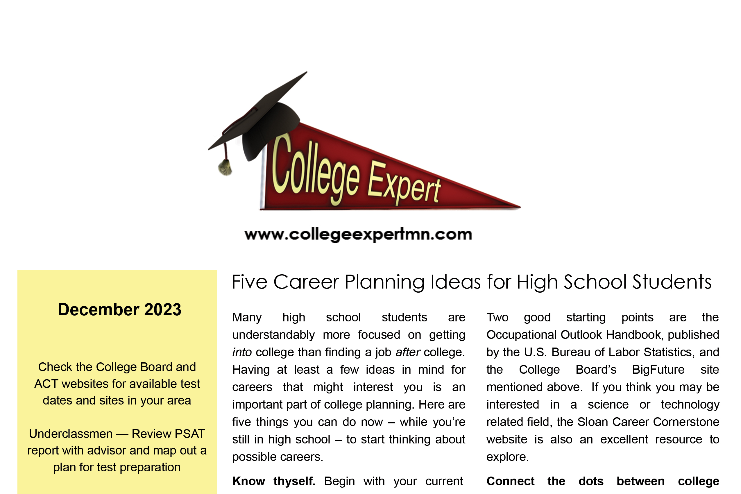 December 2023 College Expert Newsletter