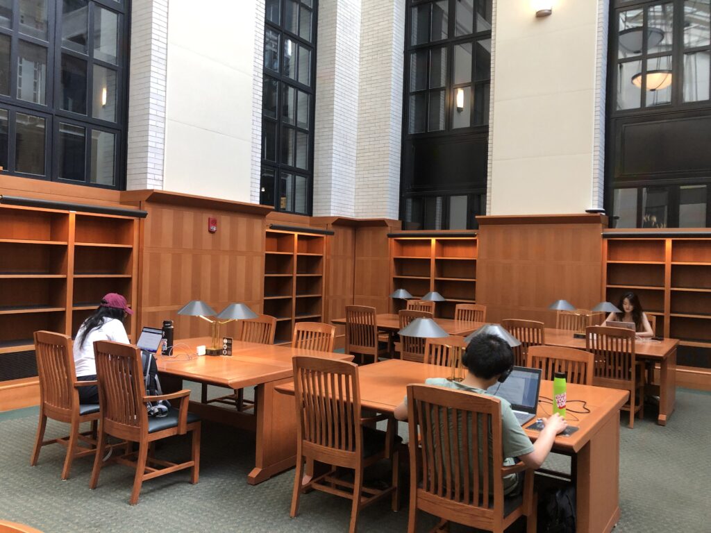 Backs of students on laptops at wooden desks surrounded by empty bookshelves and tall ceilings