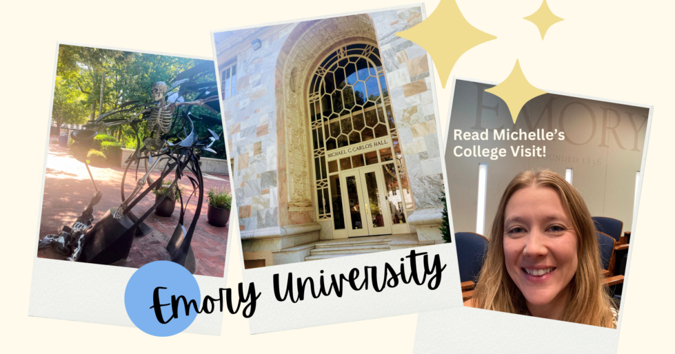 Collage of Emory photos: skeleton sculpture, doorway arch, Michelle (the author)