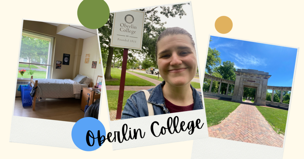 Collage of three photos: dorm room, author in front of Oberlin sign and stone arch on campus